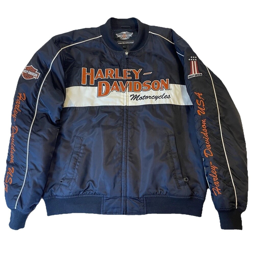 Harley Davidson Motorcycle Nylon Bomber Jacket Embroidered Stitched Mens LARGE